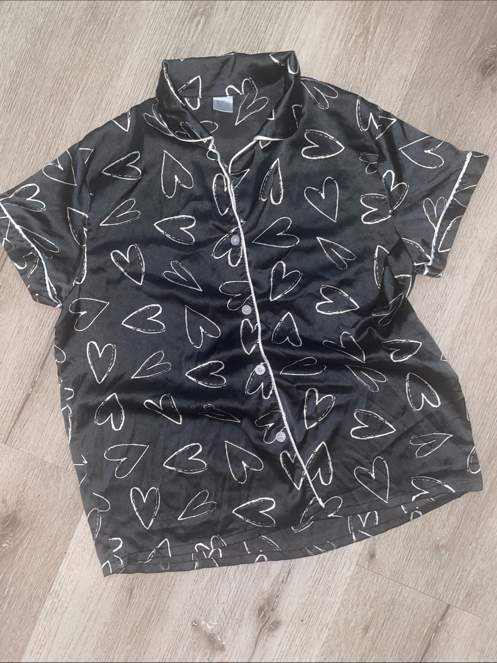 Hello Mello “I Love Sleep” Satin Pajama Top | Black with White Hearts | S/M